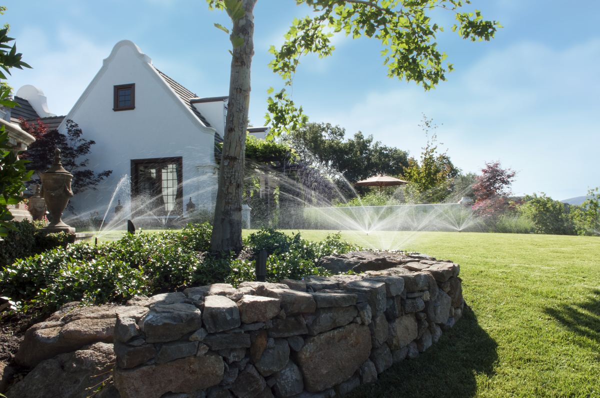 Gepflegter Garten mit aktiver automatischer Bewässerungsanlage